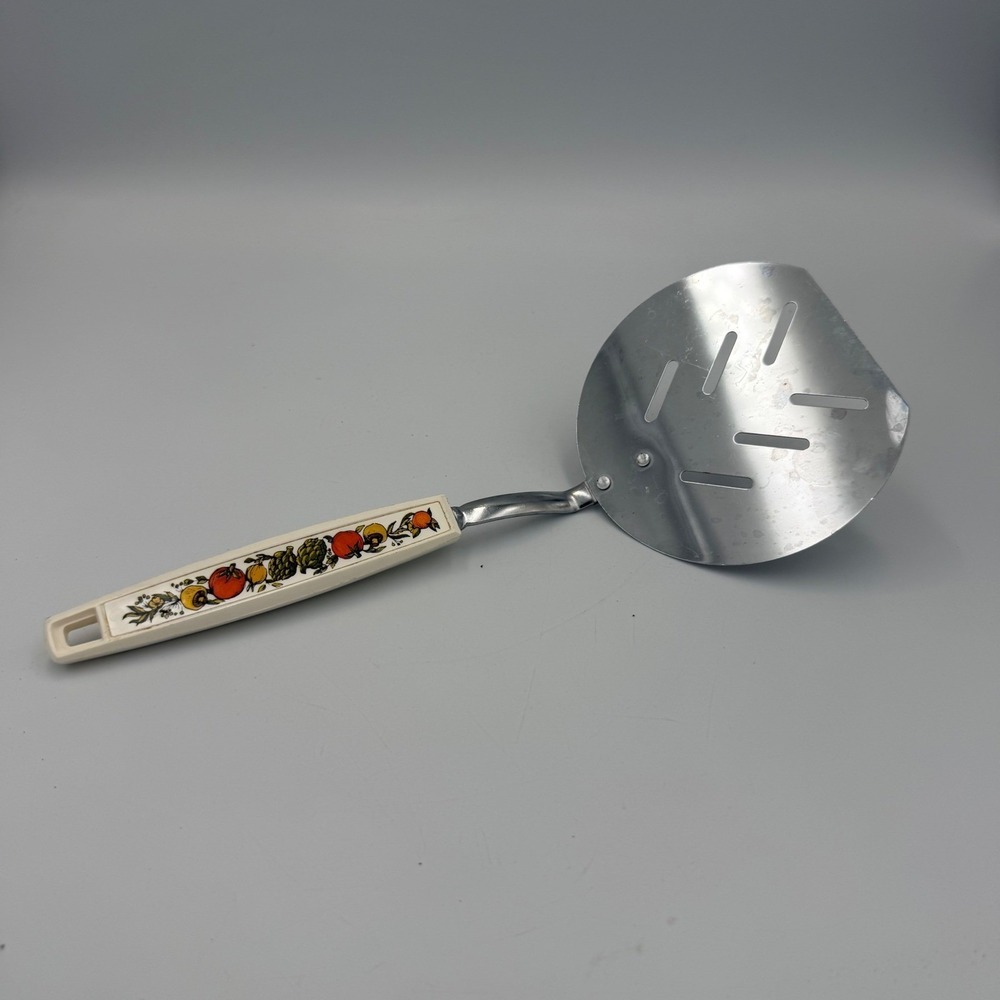 Vintage Stainless Steel Slotted Spatula Turner Fruit Vegetable Pattern Handle